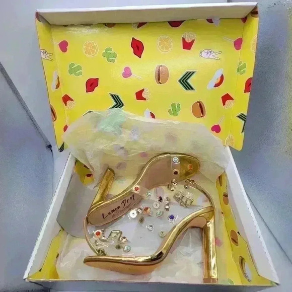 NEW IN BOX Lemon Drop by Privilege Strappy Gold Sandals 6.5 High Heel W/Stones - Picture 2 of 16